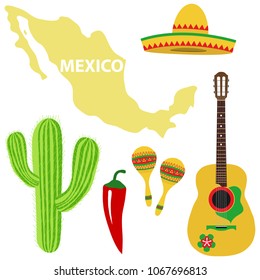 A set of Mexican. Sombrero, guitar, maracas, cactus, hot peppers. Map of Mexico. Flat design, vector illustration, vector.