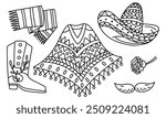 set of Mexican sombrero hat, poncho, mustache, scarf, shoes, flower on a white background. Vector doodle illustration of national Mexican clothing. A collection of contrasting clothing items isolated