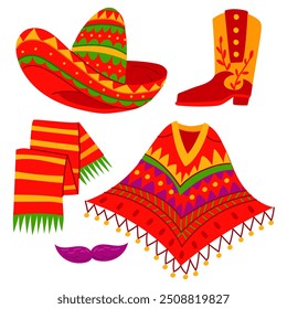 Um conjunto de chapéu sombrero mexicano, poncho, bigode, cachecol, sapato em um fundo branco. Ilustração plana vetorial da roupa nacional mexicana. As peças de vestuário são coloridas. Desenhado de lado