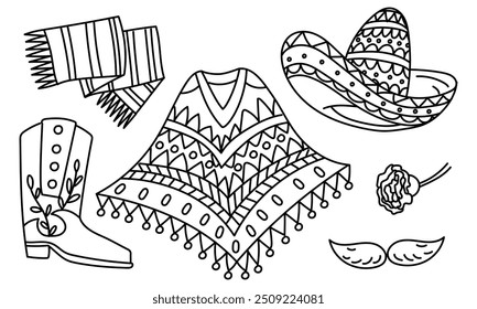 conjunto de chapéu sombrero mexicano, poncho, bigode, cachecol, sapatos, flor em um fundo branco. Ilustração em forma de garatuja vetorial de roupas mexicanas nacionais. Uma coleção de itens de vestuário contrastantes isolados