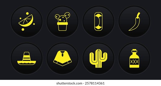 Set Mexican sombrero, Hot chili pepper pod, Poncho, Cactus, Burrito, or succulent in pot, Tequila bottle and Sliced lime icon. Vector