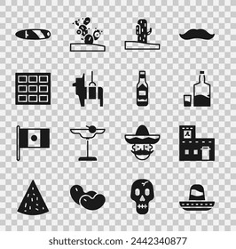 Set Mexican sombrero, house, Tequila bottle and glass, Cactus, Pinata, Chocolate bar, Cigar and Tabasco sauce icon. Vector