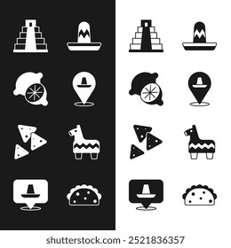 Set sombrero mexicano, Lima, Chichén Itzá en maya, Nachos, Pinata, Taco con tortilla e icono. Vector