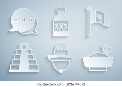 Set Mexican sombrero, Mexico flag, Chichen Itza in Mayan, Nachos bowl, Tequila bottle and Hola icon. Vector