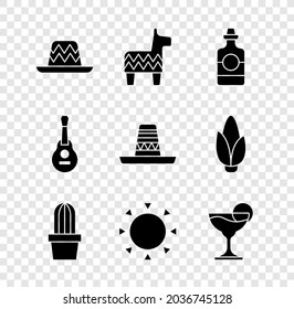 Set Mexican sombrero, Pinata, Tequila bottle, Cactus or succulent pot, Sun, Margarita cocktail, guitar and  icon. Vector