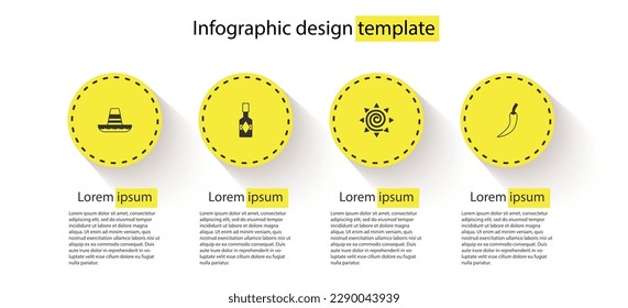 Set Mexican sombrero, Tabasco sauce, Sun and Hot chili pepper pod. Business infographic template. Vector