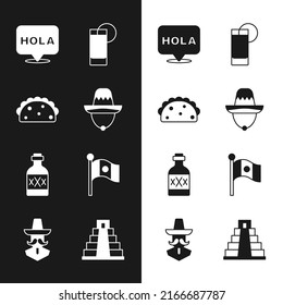 Set Mexican sombrero, Taco with tortilla, Hola, Tequila glass lemon, bottle, Mexico flag, Chichen Itza in Mayan and man icon. Vector