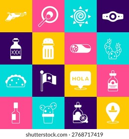 Set Mexican sombrero, Tequila bottle, Cactus, Sun, Salt, Vintage pistols and Burrito icon. Vector