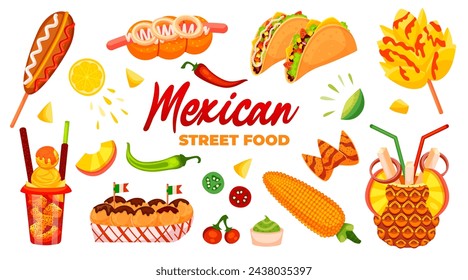 Conjunto de ilustraciones de comida callejera mexicana. Perro de maíz, flor de mango con salsa de chamoy y chile picante en polvo, tacos, hot dog, líneas, maíz, mangonada, cóctel tropical en fruta de piña.