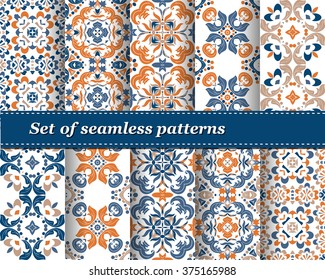 Set of Mexican stylized talavera tiles seamless pattern. Background for design and fashion. Arabic, Indian patterns, Mexican talavera tiles