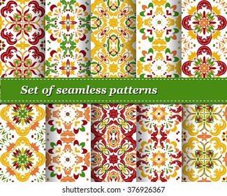 Set of Mexican stylized talavera tiles seamless pattern. Background for design and fashion. Arabic, Indian patterns, Mexican talavera tiles