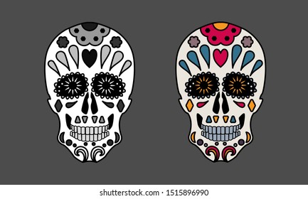 Set of mexican sugar skull. Vector illustration.