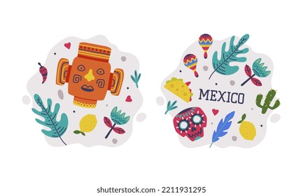 Set of Mexican symbols. Aztec mask, sugar skull, Cinco De Mayo holiday signs cartoon vector illustration