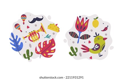 Set of Mexican symbols. Cinco De Mayo holiday signs cartoon vector illustration