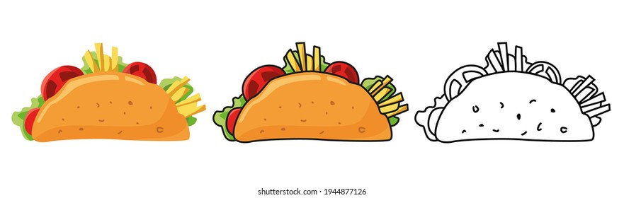 Set of Mexican taco traditional mexican fast-food. Cartoon, doodle colored and uncolored vector illustration of Taco Mexico food with meat and vegetables.Mexican beef taco.Isolated on white background