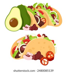 Set of Mexican tacos with avocado and chili peppers in the foreground