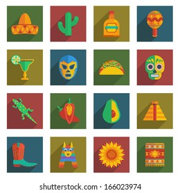 set of mexican themed icons on squares with long shadows isolated on white, eps10 format