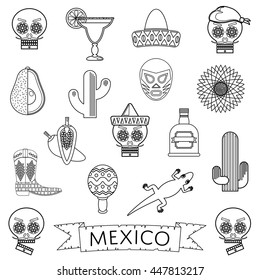 set of mexican themed line icons, isolated on white