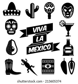 set of mexican themed silhouette icons, isolated on white