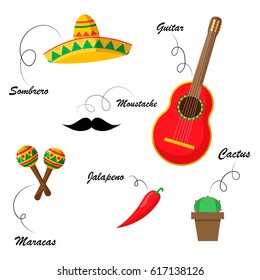 Set of mexican traditional attributes with names.