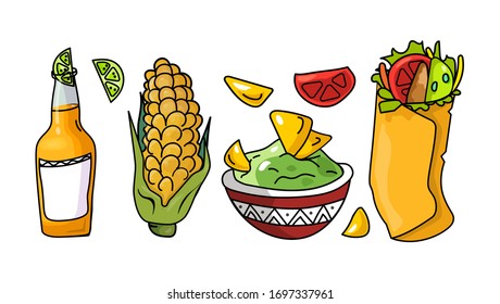 Set mexican traditional food and beer. Nachos chips, guacamole in plate, bottle with lime, corn cob, burrito. Vector flat cartoon color icon isolated on white. Drawn sketch