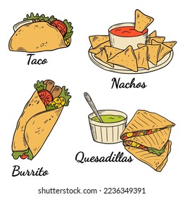 Set of Mexican traditional food - Burrito, taco, nachos, quesadillas. Cuisine mexicaine.  Mexican food menu for restaurant, cafe.