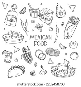 Set of Mexican traditional food. Cuisine mexicaine. Linear graphics. Hand drawn outline vector sketch illustration. Black on white background.  Mexican food menu for restaurant, cafe. 