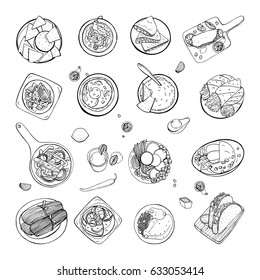 Set of mexican traditional food. Different dishes collection: spicy bean soup chili, nachos, tortilla, fachitos, quesadilla, taco, guacamole. Hand drawn sketch, black and white vector illustration. 