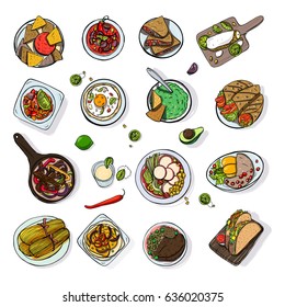 Set of mexican traditional food. Different dishes collection: spicy bean soup chili, nachos, tortilla, fachitos, quesadilla, taco, guacamole. Hand drawn sketch, colorful vector illustration. 