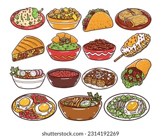 Set of Mexican traditional food hand-drawn illustration