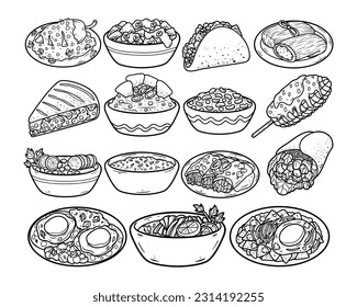 Set of Mexican traditional food outline sketch hand-drawn illustration