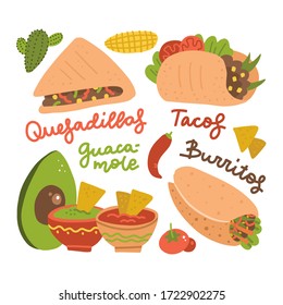 Set of Mexican traditional food - taco, burrito, guacamole and nachos food, avocado, cactus, red hot pepper. Flat vector cartoon illustration with lettering.