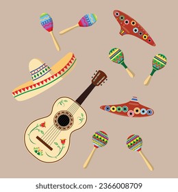 Set of Mexican traditional instruments flat vector in cartoon style. Ethnic instruments. Dia De Los Muertos. Day of the Dead concept. Mexican traditional culture.