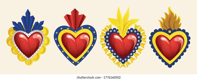 Set of Mexican Traditional Sacred Brass Hearts from San Miguel de Allende; México 