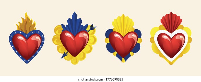 Set of Mexican Traditional Sacred Brass Hearts from San Miguel de Allende; México 