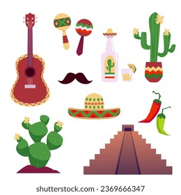 Set of mexican traditional symbols. Sombrero hat, maracas and guitar. Tower, cactus and tequila vector illustrations isolated on white background. Latin national ethnic entertainment and culture