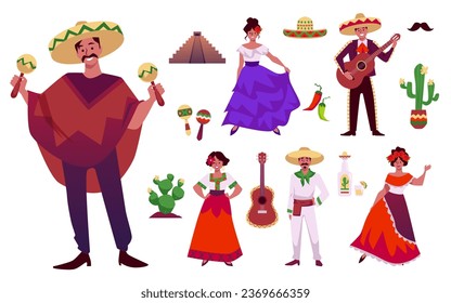 Set of mexican traditional symbols. Women in national clothes, long dress with flowers in head, whiskered men in sombrero hat and poncho with maracas and guitar. Cactus, tequila vector isolated