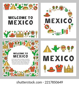 Set of Mexican welcome posters with national landmarks, food and attractions in doodle style and space for text isolated on white background.