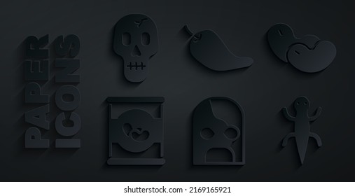 Set Mexican wrestler, Beans, in, Lizard, Hot chili pepper pod and Skull icon. Vector