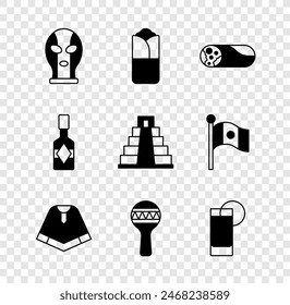 Juego de luchador mexicano, Burrito, Poncho, Maracas, Vaso de tequila con limón, salsa tabasqueña y Chichén Itzá en icono maya. Vector