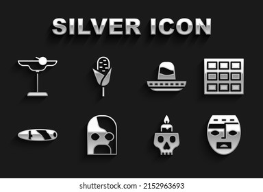 Set Mexican wrestler, Chocolate bar, Aztec mask, Burning candle on skull, Cigar, sombrero, Margarita cocktail and Corn icon. Vector