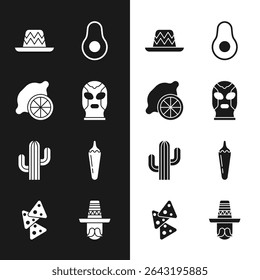 Set Mexican wrestler, Lemon, sombrero, Avocado fruit, Cactus, Hot chili pepper pod, man and Nachos icon. Vector