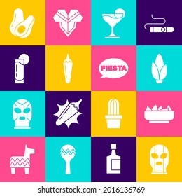 Set Mexican wrestler, Nachos in bowl, Corn, Margarita cocktail, Hot chili pepper pod, Tequila glass with lemon, Avocado fruit and Fiesta icon. Vector