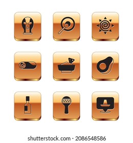 Set Mexican wrestler, Tabasco sauce, Maracas, Nachos in bowl, Burrito, Sun, sombrero and Gong icon. Vector