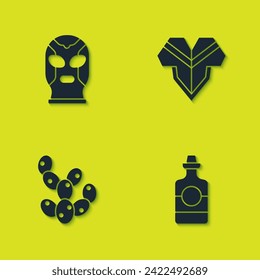 Set Mexican wrestler, Tequila bottle, Cactus and Poncho icon. Vector