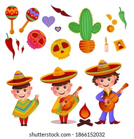 Set of mexicans objects on white background.  Cartoon vector illustration. 