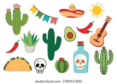 A set of Mexican-style vector illustrations,  cacti of various shapes, red chili peppers, avocados, guitars, sombreros, suns, tacos, decorative flags, and a bottle with a skull.