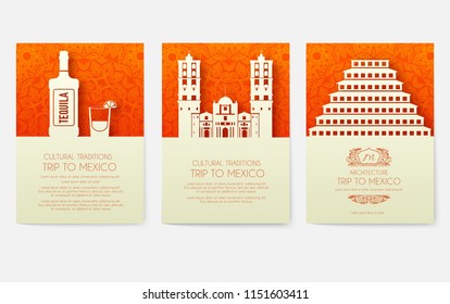 Set of Mexico country ornament travel tour concept. Asian traditional, magazine, book, poster, abstract, element. Vector decorative ethnic greeting card or invitation design 