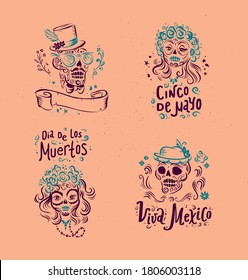 Set of Mexico decor compositions with Cinco de mayo, Dia de los muertos lettering, skull, flower isolated. For card, poster, sticker, emblem. Vector vintage hand drawn illustration