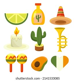 Set of mexico elements in flat. Icons for fiesta, celebration, national patterns, decoration, traditional food. Vector illustration.